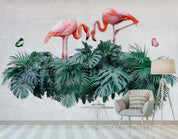 3D Green Tropical Plants Flamingo Wall Mural Wallpaper 411- Jess Art Decoration