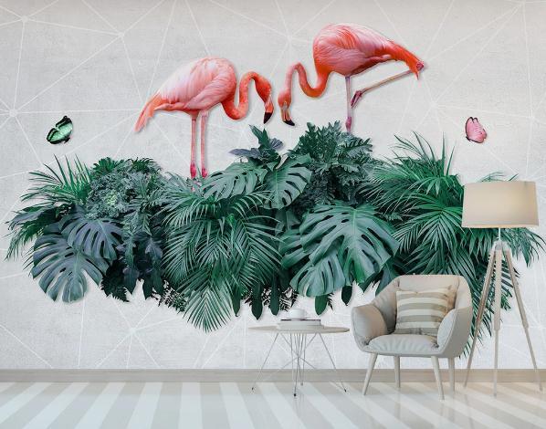 3D Green Tropical Plants Flamingo Wall Mural Wallpaper 411- Jess Art Decoration