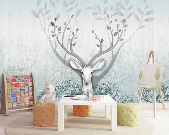 3D Green Floral Elk Wall Mural Wallpaper 115- Jess Art Decoration