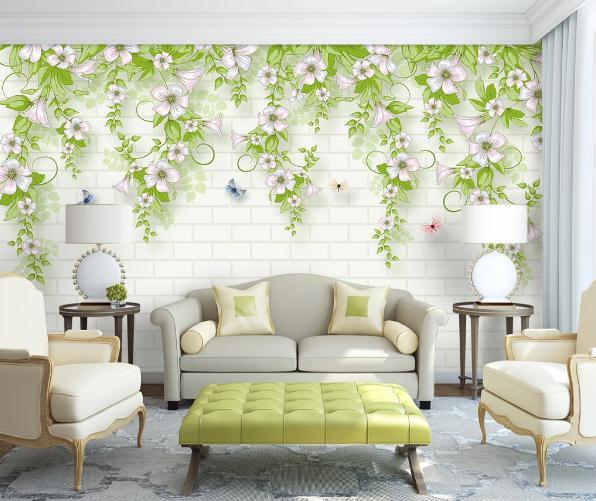 3D Brick Wall Floral Branch Leaves Wall Mural Wallpaper 480 ...