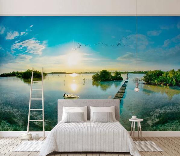 3D Blue Landscape Sky River Boat Wall Mural Wallpaper 442- Jess Art Decoration