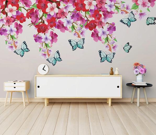 3D Peach Blossom Butterfly Wall Mural Wallpaper 466- Jess Art Decoration