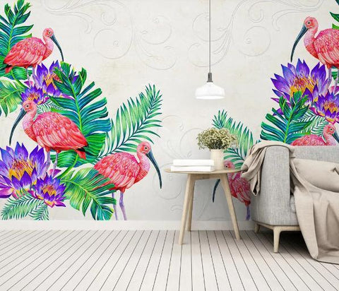 3D Flamingo Floral Leaves Wall Mural Wallpaper 122- Jess Art Decoration