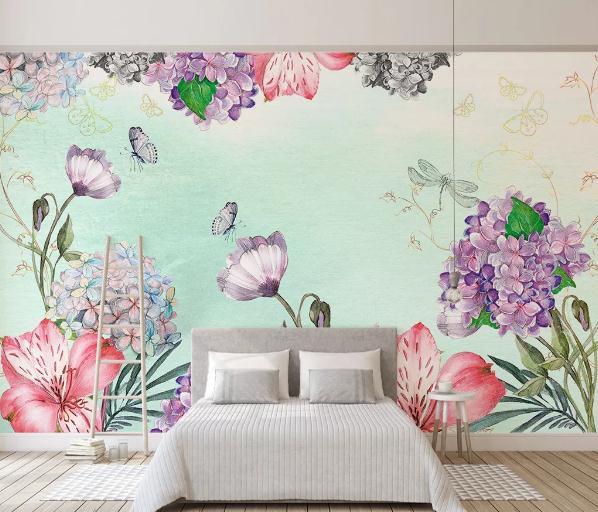 3D Hydrangea Floral Butterfly Wall Mural Wallpaper 467- Jess Art Decoration
