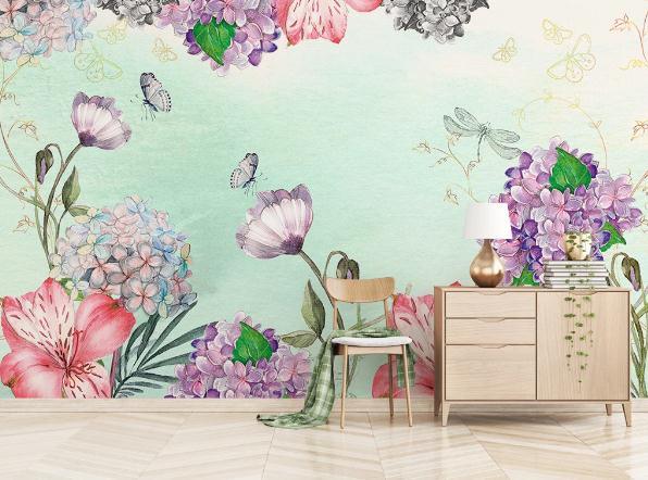 3D Hydrangea Floral Butterfly Wall Mural Wallpaper 467- Jess Art Decoration