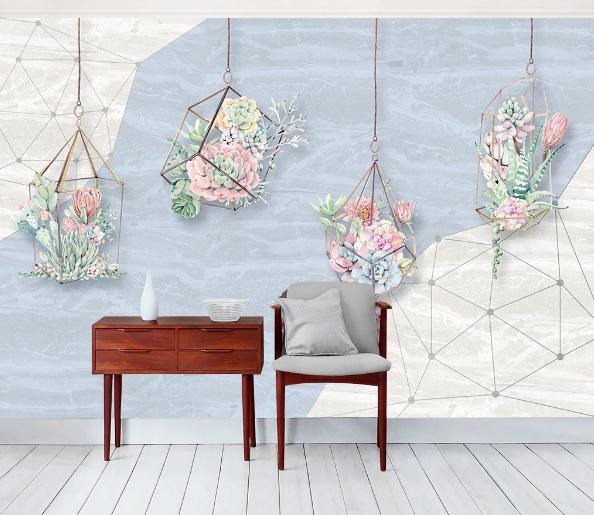 3D Blue Succulents Geometric Wall Mural Wallpaper 397- Jess Art Decoration