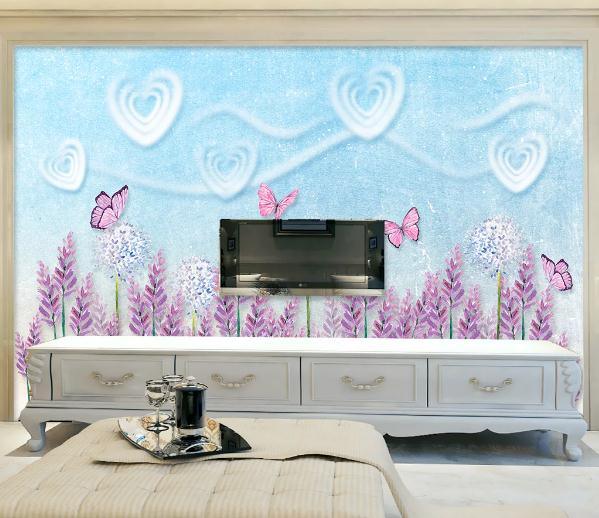3D Blue Lavender Butterfly Heart Wall Mural Wallpaper 263- Jess Art Decoration