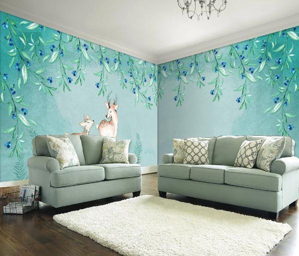 3D Green Floral Branch Elk Deer Wall Mural Wallpaper 385- Jess Art Decoration