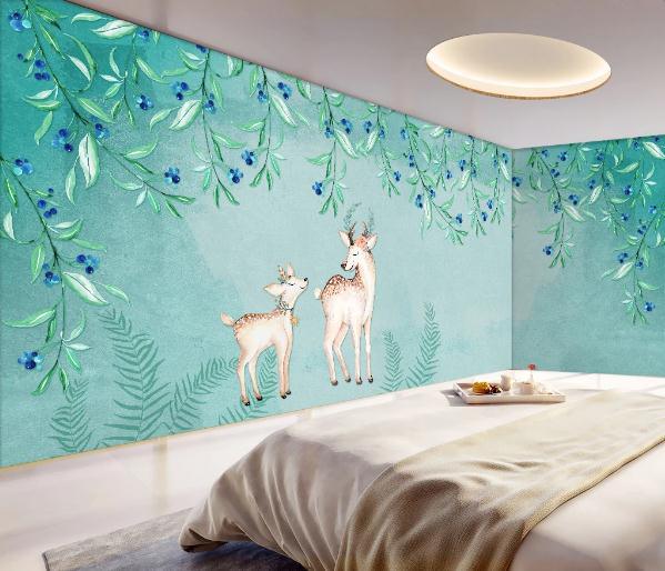 3D Green Floral Branch Elk Deer Wall Mural Wallpaper 385- Jess Art Decoration