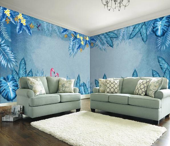 3D Blue Tropical Plants Flamingo Wall Mural Wallpaper 388- Jess Art Decoration