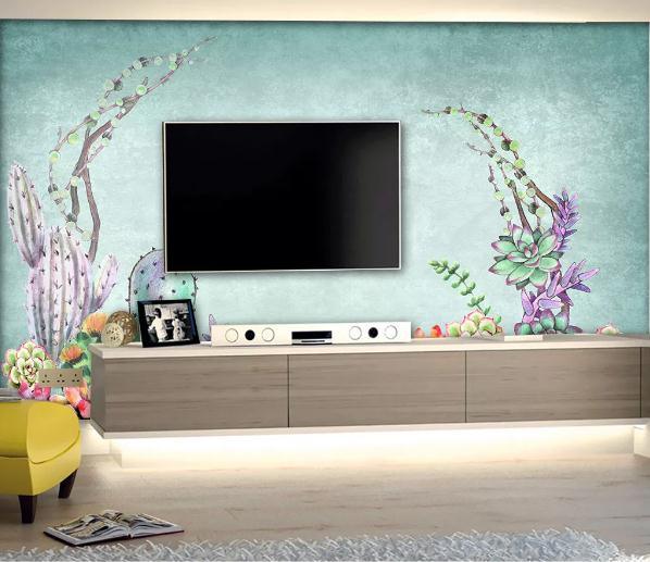 3D Blue Cactus Succulents Wall Mural Wallpaper 315- Jess Art Decoration