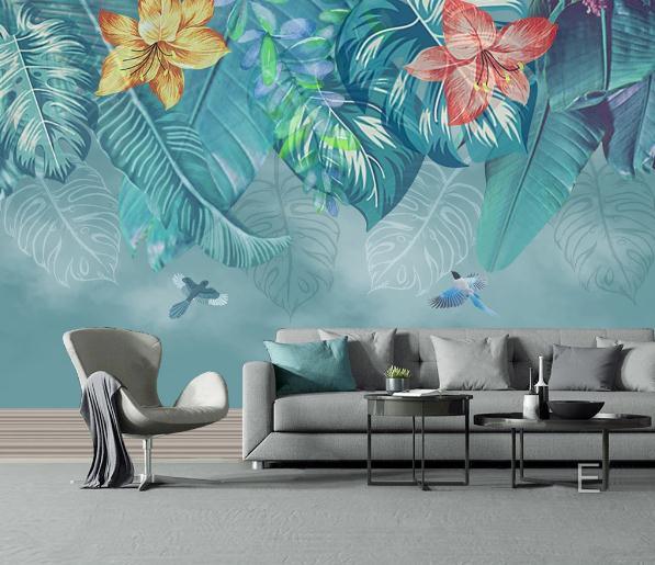 3D Blue Tropical Leaves Floral Wall Mural Wallpaper 499- Jess Art Decoration