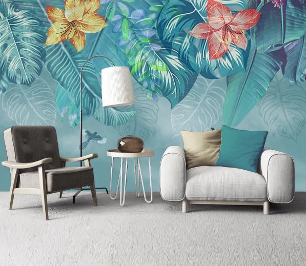 3D Blue Tropical Leaves Floral Wall Mural Wallpaper 499- Jess Art Decoration