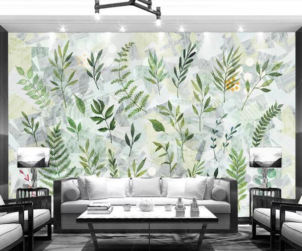 3D Green Leaves Branch Geometric Wall Mural Wallpaper 228- Jess Art Decoration