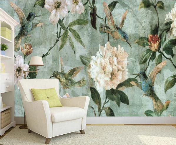 3D Green Oil Painting Flower Bird Wall Mural Wallpaper 390- Jess Art Decoration