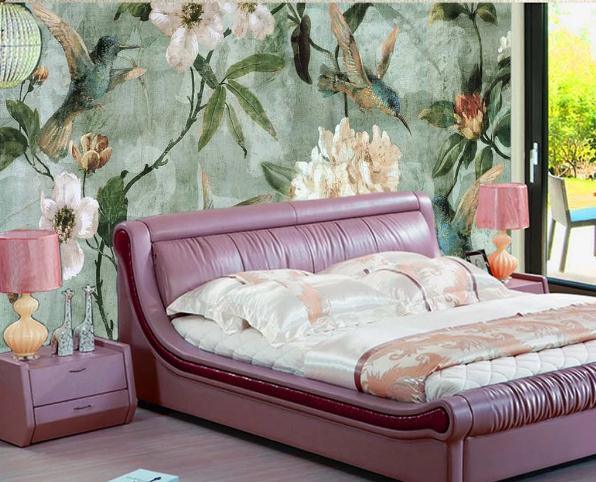 3D Green Oil Painting Flower Bird Wall Mural Wallpaper 390- Jess Art Decoration