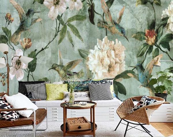 3D Green Oil Painting Flower Bird Wall Mural Wallpaper 390- Jess Art Decoration