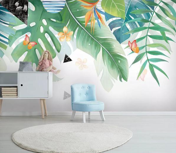 3D Tropical Plants Leaves Butterfly Wall Mural Wallpaper 146- Jess Art Decoration