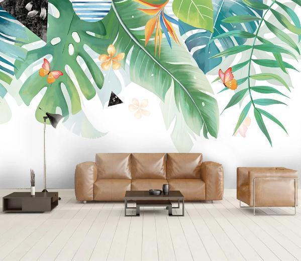 3D Tropical Plants Leaves Butterfly Wall Mural Wallpaper 146- Jess Art Decoration