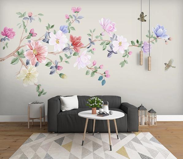 3D Magnolia Floral Branch Bird Wall Mural Wallpaper 490- Jess Art Decoration