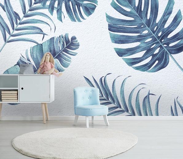 3D Blue Tropical Leaves Wall Mural Wallpaper 330- Jess Art Decoration