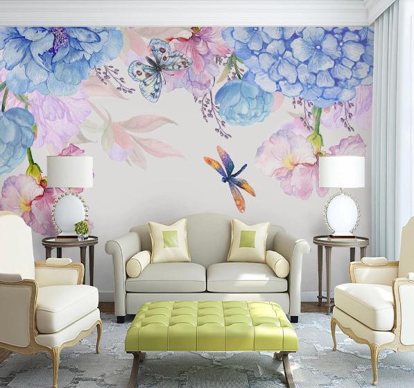 3D Blue Pink Floral Butterfly Dragonfly Wall Mural Wallpaper 225- Jess Art Decoration