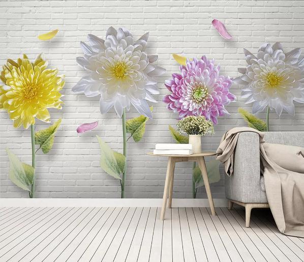 3D Brick Wall Chrysanthemum Wall Mural Wallpaper 470- Jess Art Decoration