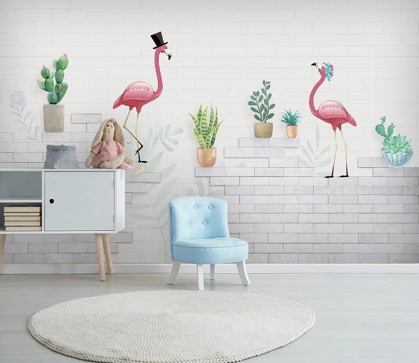 3D Brick Wall Plants Flamingo Wall Mural Wallpaper 406- Jess Art Decoration
