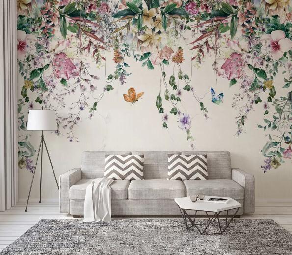 3D Pink Vine Flower Butterfly Wall Mural Wallpaper 191- Jess Art Decoration