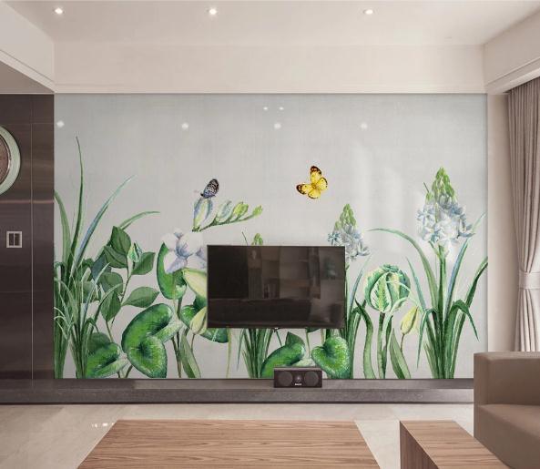 3D Green Floral Leaves Plants Butterfly Wall Mural Wallpaper 475- Jess Art Decoration