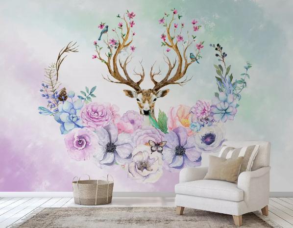 3D Floral Elk Wall Mural Wallpaper 403- Jess Art Decoration