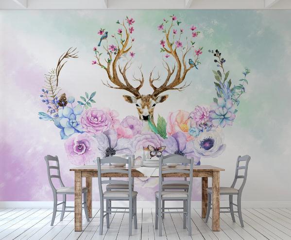 3D Floral Elk Wall Mural Wallpaper 403- Jess Art Decoration