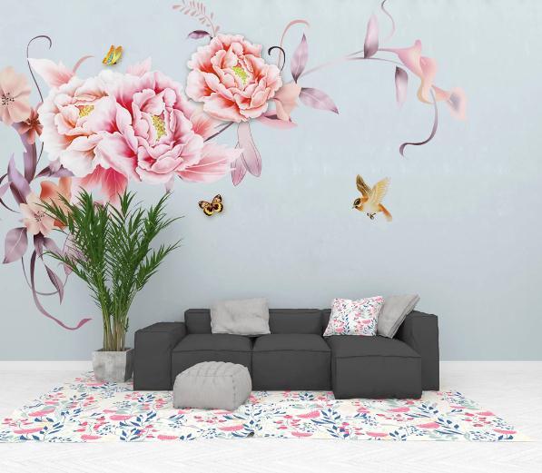 3D Red Peony Floral Butterfly Bird Wall Mural Wallpaper 491- Jess Art Decoration