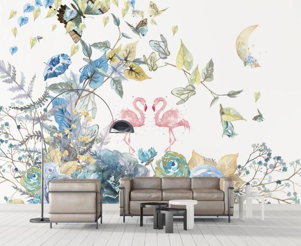 3D Flamingo Floral Leaves Moon Plants Wall Mural Wallpaper 117- Jess Art Decoration