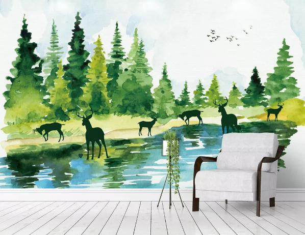 3D Green Forest Elk Wall Mural Wallpaper 374- Jess Art Decoration