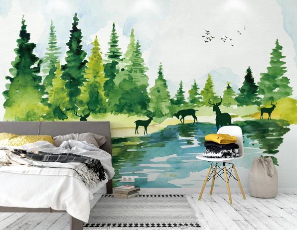 3D Green Forest Elk Wall Mural Wallpaper 374- Jess Art Decoration