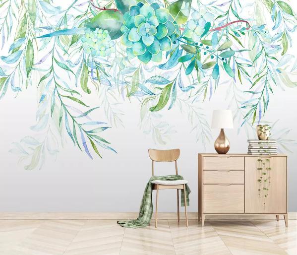 3D Green Succulents Leaves Branch Wall Mural Wallpaper 359- Jess Art Decoration