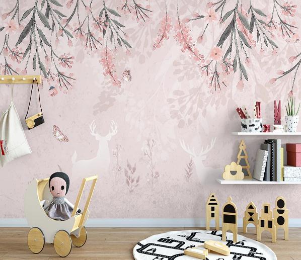 3D Nordic Hand drawing Flowers Reindeer Wall Mural Wallpaperpe  350- Jess Art Decoration