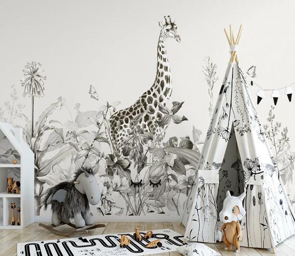 3D Black White Leaves Giraff Wall Mural Wallpape 107- Jess Art Decoration