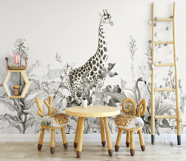 3D Black White Leaves Giraff Wall Mural Wallpape 107- Jess Art Decoration