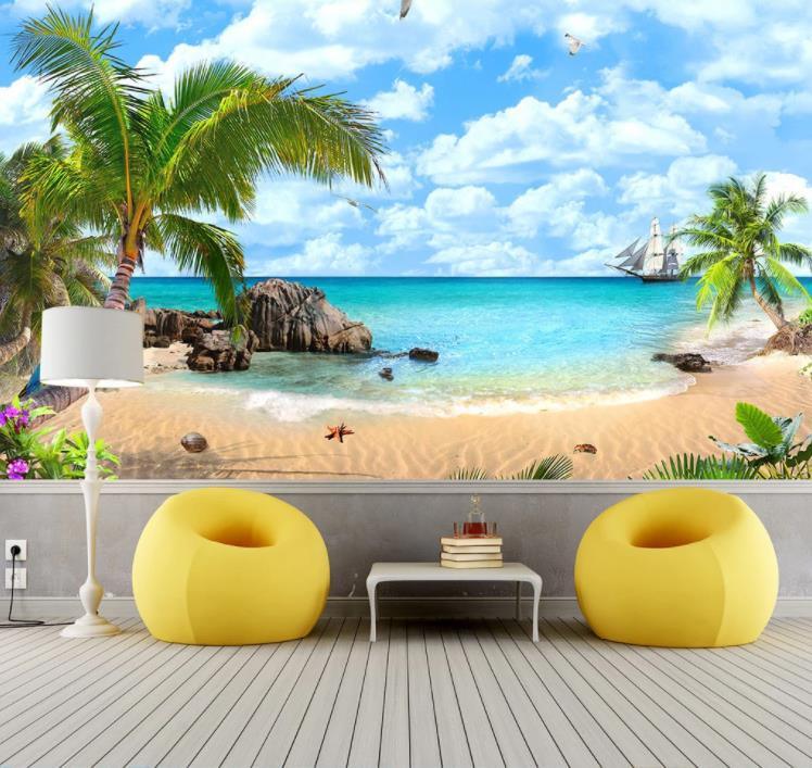3D Tropical Landscape Beach Sea Plant Sky Wall Mural Wallpaper LLL 1146- Jess Art Decoration