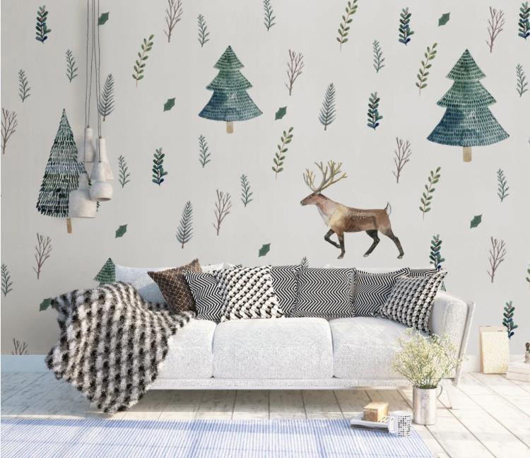 3D Hand Drawn Tree Animal Elk Plant Wall Mural Wallpaper LLL 1378- Jess Art Decoration