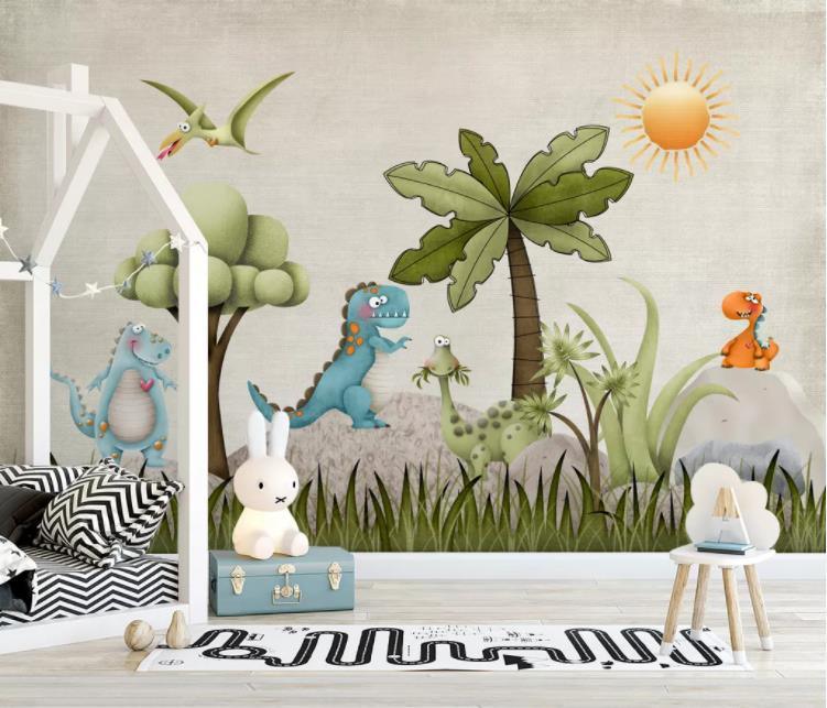 3D Cartoon Animal Dinosaur Plant Green Sun Wall Mural Wallpaper LLL 1563- Jess Art Decoration