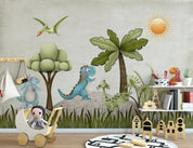3D Cartoon Animal Dinosaur Plant Green Sun Wall Mural Wallpaper LLL 1563- Jess Art Decoration