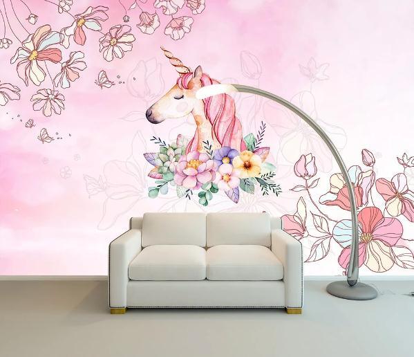 3D Pink Unicorn Flowers Wall Mural Wallpaperpe 495- Jess Art Decoration