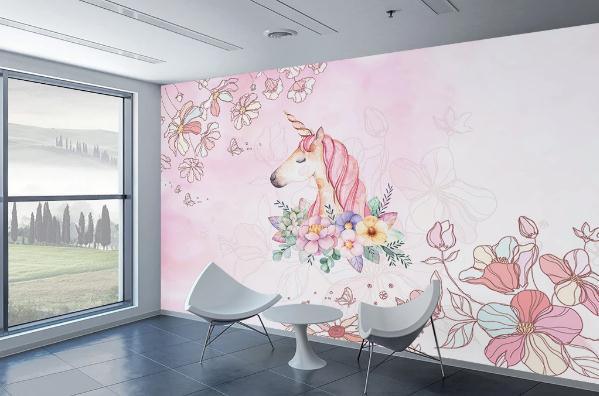 3D Pink Unicorn Flowers Wall Mural Wallpaperpe 495- Jess Art Decoration