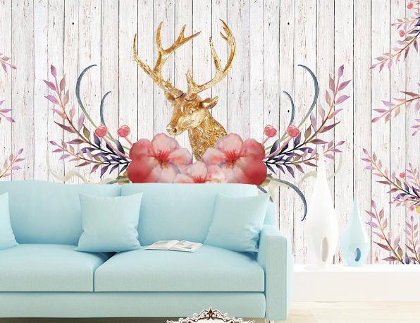 3D Nordic Hand drawing Reindeer Flowers Wall Mural Wallpaperpe 21- Jess Art Decoration