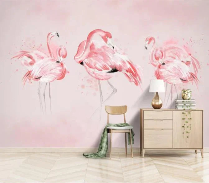 3D Hand Painted Pink Flamingo Wall Mural Wallpaper 126- Jess Art Decoration