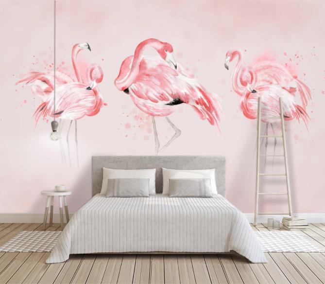 3D Hand Painted Pink Flamingo Wall Mural Wallpaper 126- Jess Art Decoration