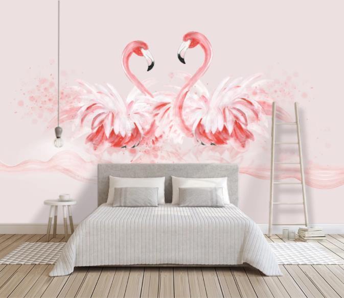 3D Hand Painted Pink Flamingo Wall Mural Wallpaper 127- Jess Art Decoration